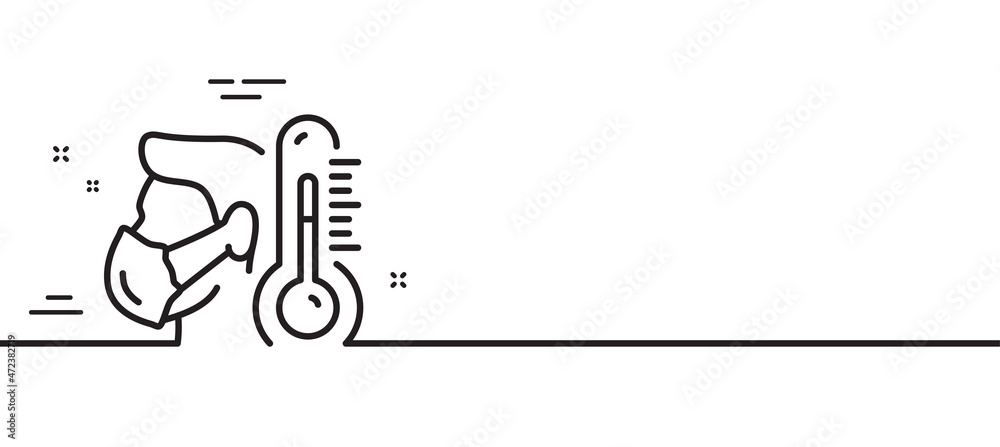 Sick man with mask line icon. Temperature thermometer sign. Flu illness symbol. Minimal line illustration background. Sick man line icon pattern banner. White web template concept. Vector Sick man with mask line icon. Temperature thermometer sign. Flu illness symbol. Minimal line illustration background. Sick man line icon pattern banner. White web template concept. Vector