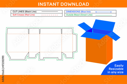 Packaging corrugated box dieline template and 3D box design and editable easily resizable Box dieline and 3D box