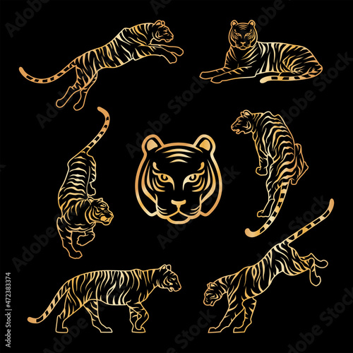 Gold Tiger on black background Happy new year china 2022 design vector illustration golden Tigers logotype symbol