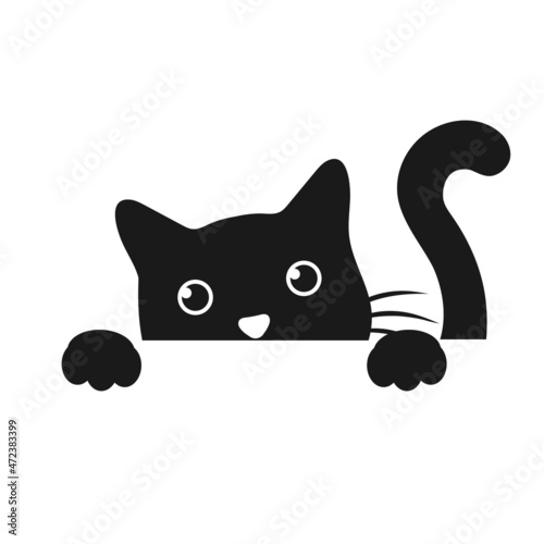 Illustration of a cute black cat peeking out from table on a white background