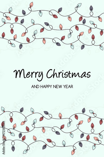 Design of a card with Christmas lights and wishes. Vector
