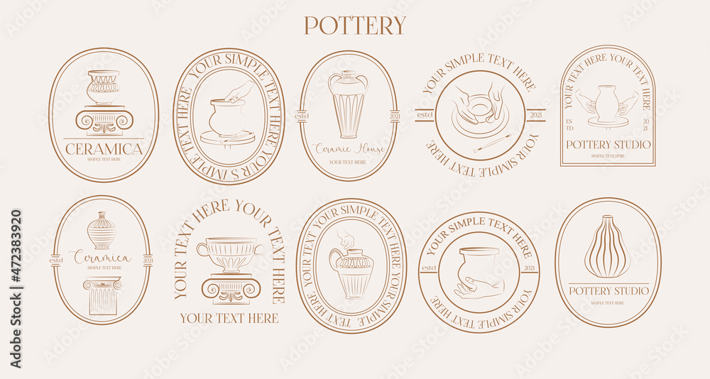 Collection of logotype template for pottery. Minimalist linear symbol. Perfect for branding, label, sticker, logotype design. Editable Vector Illustration. - obrazy, fototapety, plakaty 