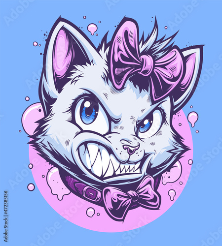 Bad kitty vector illustration. Angry cartoon cat head on the blue background vector illustration.
