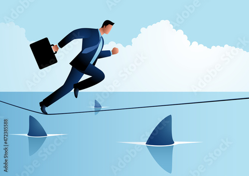 Business concept illustration of a businessman running on rope with sharks underneath