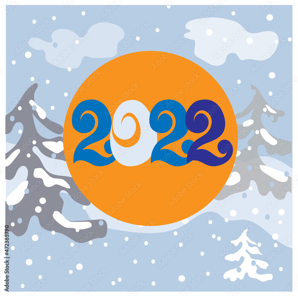 Naklejka premium New Years 2022 inscription against the background of a winter landscape