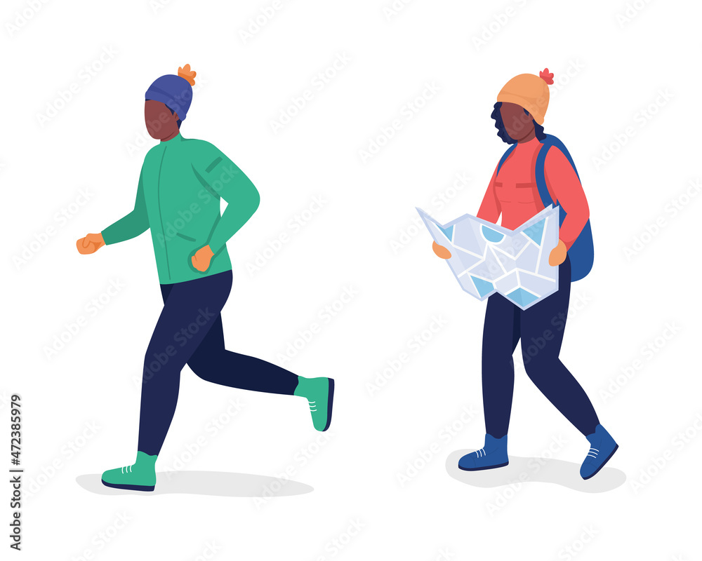 Trekking people semi flat color vector character set. Posing figures. Full body people on white. Winter outdoor recreation isolated modern cartoon style illustration for graphic design and animation