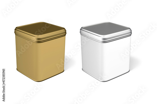 Realistic 3d silver and gold blank metal tea tin can container with cap rectangular or square shape icon set closeup isolated on white background. Design template for graphics. 3d rendering. © Leyla