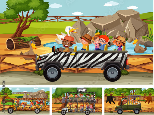 Different safari scenes with animals and kids cartoon character