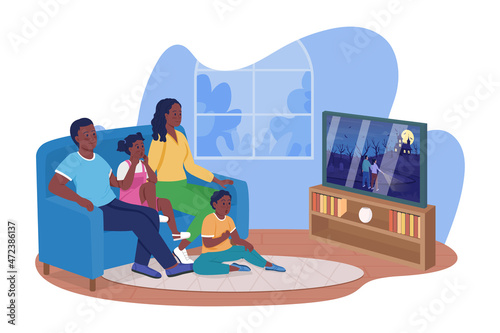Family movie night on Halloween 2D vector isolated illustration. Parents with children sitting on sofa flat characters on cartoon background. Bonding experience for whole family colourful scene
