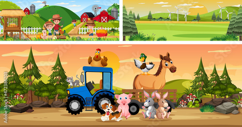 Set of different outdoor landscape scenes with cartoon character © brgfx