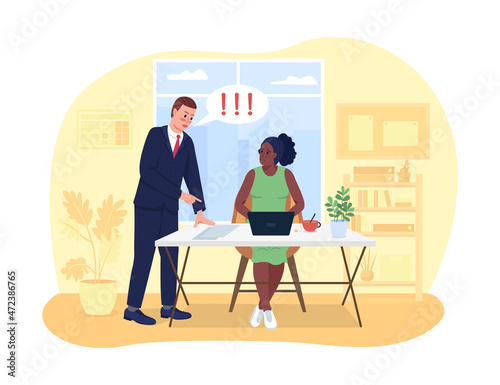 Problems with boss in office 2D vector isolated illustration. Intrusive manager. Coworkers at workplace flat characters on cartoon background. Corporate job challenges colourful scene