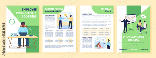 Employee productivity booster flat vector brochure template. Flyer, booklet, printable leaflet design with flat illustrations. Magazine page, cartoon reports, infographic posters with text space