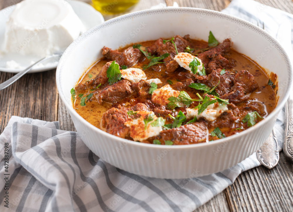 Meat with Paprika cream sauce and ricotta topping Meat with Paprika cream sauce and ricotta topping
