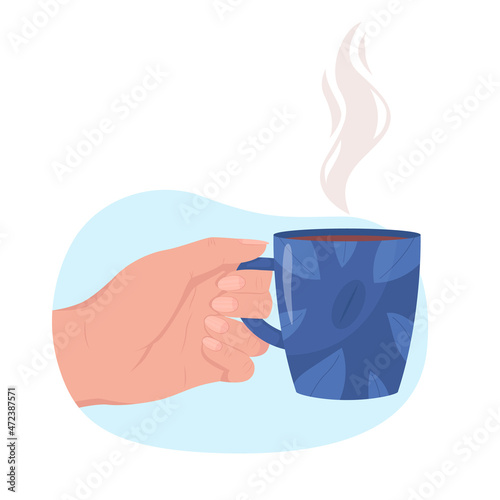 Hold blue cup of aromatic americano 2D vector isolated illustration. Hot beverage. Taking mug with coffee flat first view hand on cartoon background. Warm drink for cold weather colourful scene