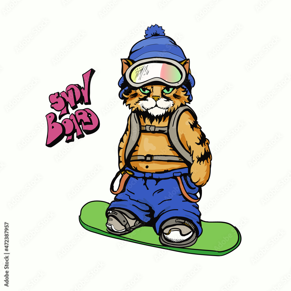 Snowboarding cat. Cool cat on snowboard with abs bag and snow ski mask  vector cartoon Stock Vector | Adobe Stock