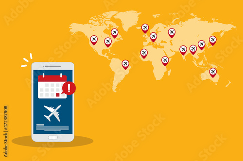 Flight delay info or travel agenda. Online reminder. Important airline airplane departure notification message on mobile phone. Vector illustration	