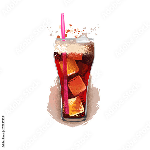 Soda cold drink with ice cubes in glass isolated on white background. Soft drink, street food, take-away, take-out. Fast food hand drawn digital illustration. Graphic clip art design for web, print