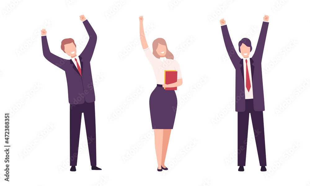 Happy Smiling Office Worker with Raised Hands Cheering About Goal Achievement Vector Set