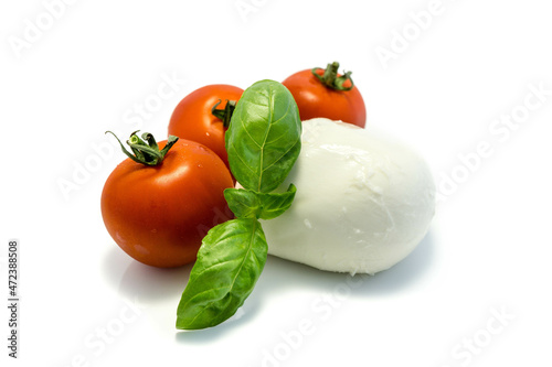 mozzarella basil and tomatoes isolated on white background