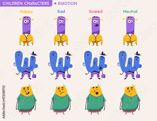Cute abstract children characters with different emotions