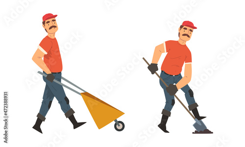 Mustached Man Gardener in Cap and Gloves with Shovel Digging and Wheelbarrow Working in the Yard Vector Set