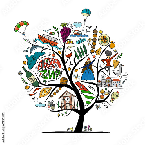Abkhazia Travel. Culture and People. Concept tree for your design