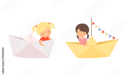 Cute Smiling Kid Sailing on Paper Boat with Flag Garland Vector Set