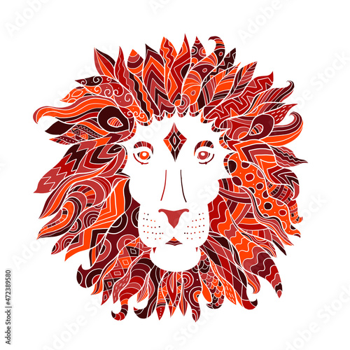Hand drawn outline lion head decorated with abstract doodle zentangle ornamen...