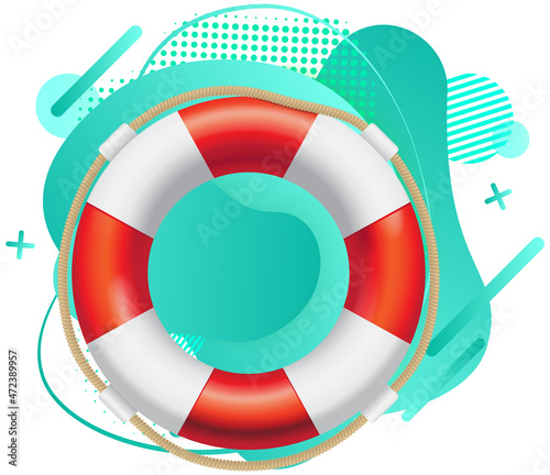 Lifebuoy red and white life ring with rope. Device for rescuing drowning sailor. Remedy for people who can not swim. Lifebuoy for pulling people out of water. Rescue device marine ship equipment