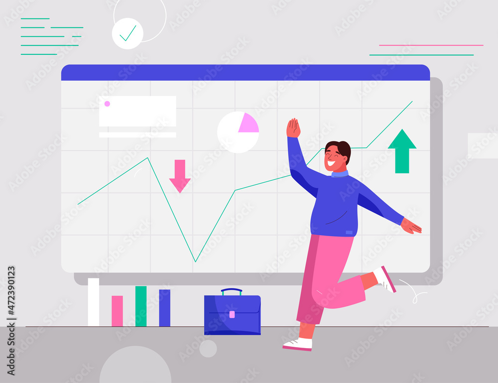 Stock market investment concept. Happy man analyzing data Stock market investment concept. Happy man analyzing data