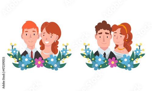 Man and Woman Newlywed Couple and Spouse with Semicircle Flower Composition Vector Set