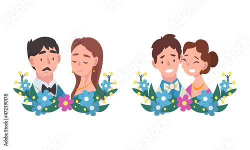 Man and Woman Newlywed Couple and Spouse with Semicircle Flower Composition Vector Set