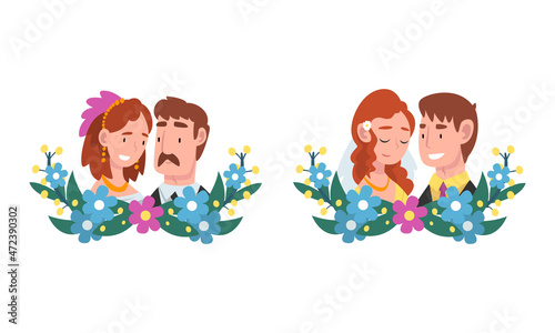 Man and Woman Newlywed Couple and Spouse with Semicircle Flower Composition Vector Set