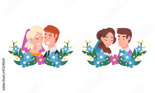 Man and Woman Newlywed Couple and Spouse with Semicircle Flower Composition Vector Set