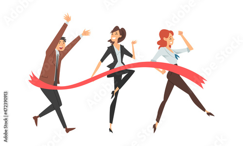 Cheerful Business Man and Woman Crossing Finish Line at Running Track Smiling Vector Set