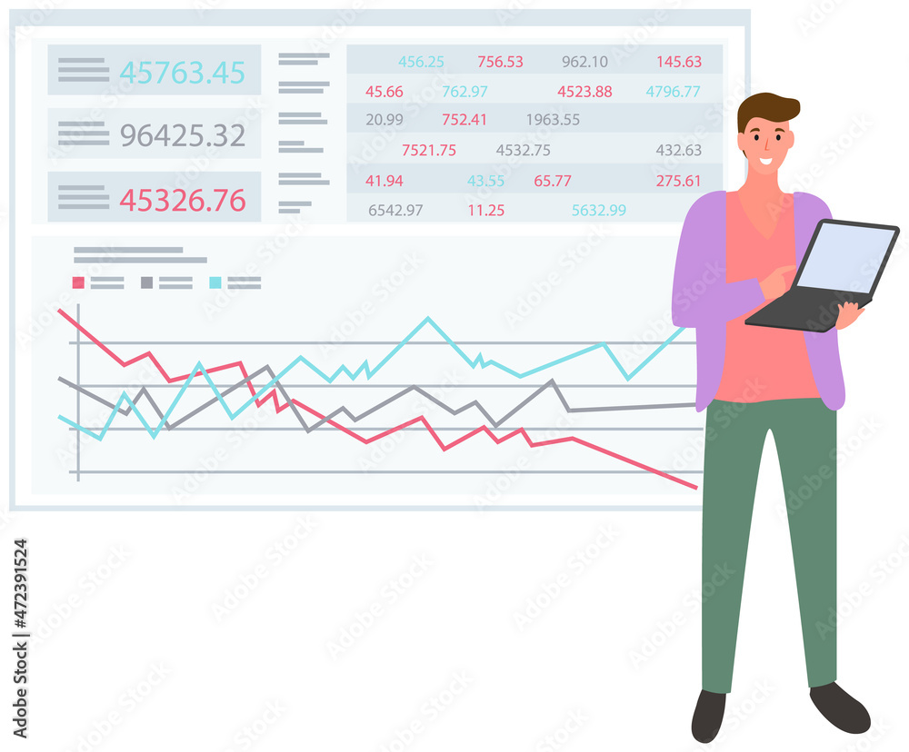 Presentation board with data analysis graphs and charts. Man works with statistics, strategy, development. Statistical analytics using technology. Businessman with laptop conducts project presentation Presentation board with data analysis graphs and charts. Man works with statistics, strategy, development. Statistical analytics using technology. Businessman with laptop conducts project presentation