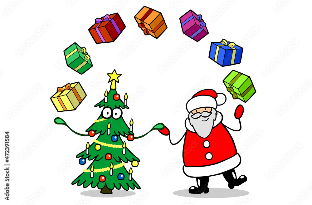 Weihnachtsmann und Tannenbaum jonglieren Geschenke Stock Illustration