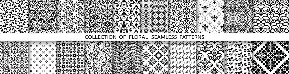 Geometric floral set of seamless patterns. Black and white vector backgrounds. Simple illustrations Geometric floral set of seamless patterns. Black and white vector backgrounds. Simple illustrations