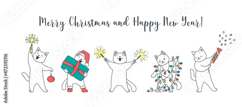 Merry Christmas and Happy New Year. Collection of cute kittens celebrating winter holidays isolated on a white background. Vector 10 EPS.