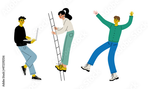 Trendy Student Character with Laptop and Ladder Searching for Answer and Idea Vector Set