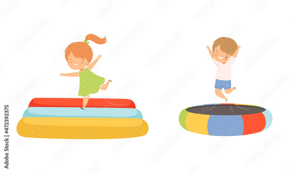 Cute Little Kids Bouncing on Trampoline Jumping with Laugh Vector Set Cute Little Kids Bouncing on Trampoline Jumping with Laugh Vector Set