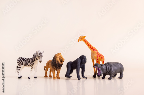 Photography Group of plastic toy animals, Elephant, Tiger, Lion and Cheetah - Miniature plas