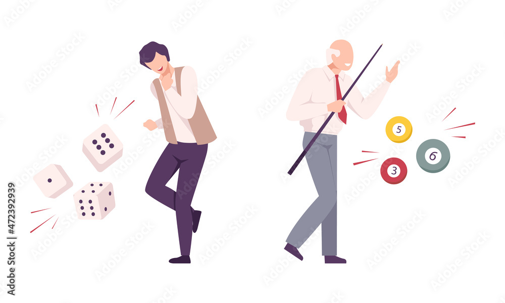 Lucky Man Winning Jackpot in Dice and Billiard Sport Vector Set Lucky Man Winning Jackpot in Dice and Billiard Sport Vector Set