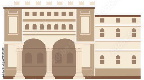 Ancient roman building, temple with columns and pediment, strategic development antique culture. Old temple isolated. Traditional historical construction. Ancient Greek building. European architecture