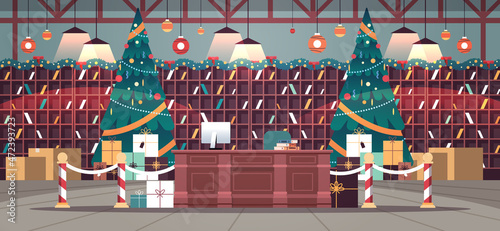 no people santa claus factory with gifts and decorated christmas tree new year winter holidays celebration concept