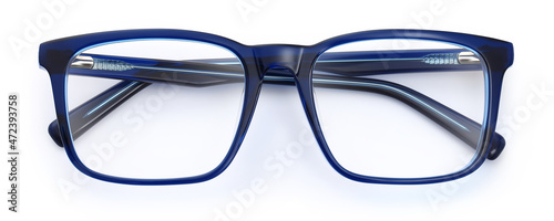 top view glasses isolated on white background, blue plastic unisex spectacle