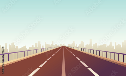 Empty highway. Straight road through to city landscape. Metropolis on background. Asphalt way and town land view