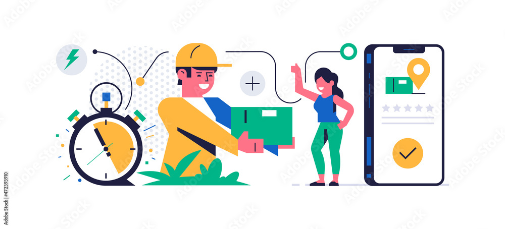 Online parcel delivery service concept. Mobile app concept. Phone with parcel delivery app on display. The courier gives the order to a happy woman. Stopwatch, line, icon. Flat vector illustration