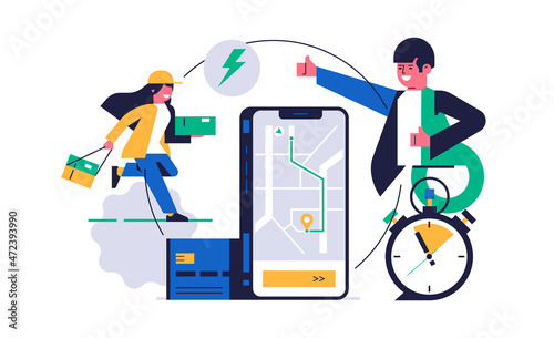 Online parcel delivery service concept. Phone with tracking of order delivery on the city map on the screen. Courier girl runs with an order for a client. Bank card, stopwatch.Flat vector illustration