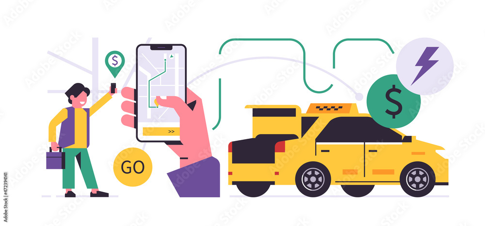 Taxi ordering service mobile application concept. A hand holding a phone with booking a taxi on the city map on a smartphone display. Car trunk, passenger, icon, badge. Flat vector illustration Taxi ordering service mobile application concept. A hand holding a phone with booking a taxi on the city map on a smartphone display. Car trunk, passenger, icon, badge. Flat vector illustration